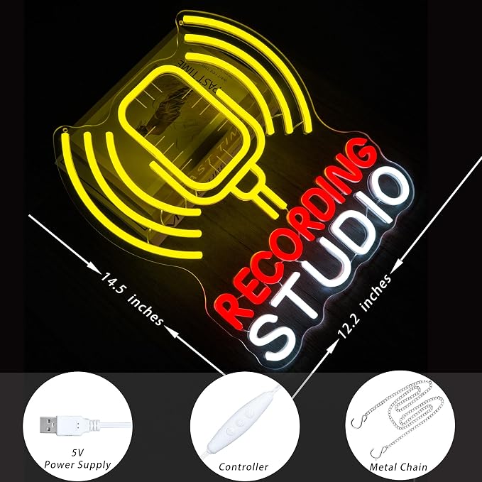 Recording Studio Neon Sign Microphone LED Light for Music Room Decor, Vintage Mic Wall Art for Home Studio Podcast Room, Singer Musician Gifts, Karaoke Bar Wall Decoration(12.2 * 14.5inch)
