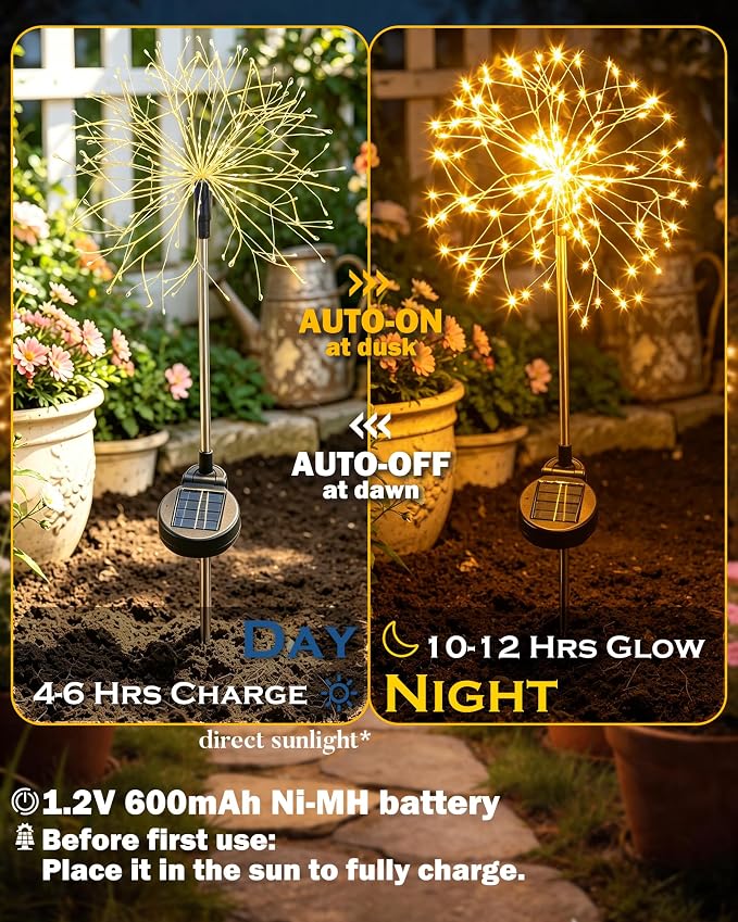 Solar Garden Lights Outdoor Yard Decorations, 8 Pack 150Leds Pathway Lights, Fairy Firework Stake Light for Garden, Patio, Pathway, Flowerbed Gold Color