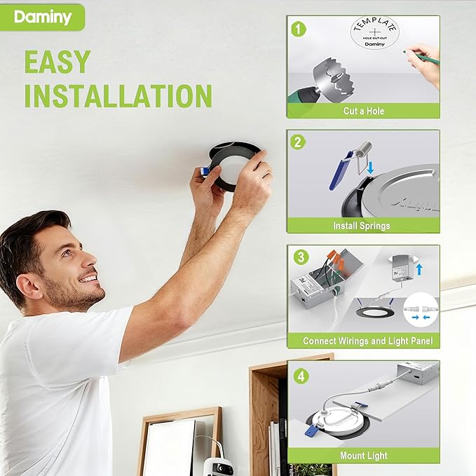 DAMINY 6 Pack 6 Inch Black LED Recessed Lighting with Junction Box,5CCT,Ultra-Thin Recessed Light,10W 1100LM, Dimmable Canless Wafer Ceiling Light,High Brightness