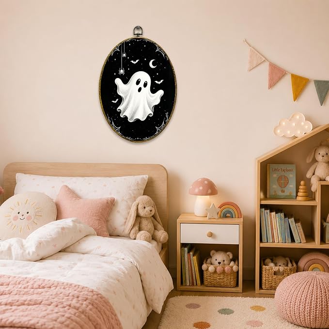 Black White Ghost Oval Wall Art, Framed Canvas Decor, 8.5x11.5 Inch | White ghost on black sky, bats, spiders, stars and crescent moon Halloween decor