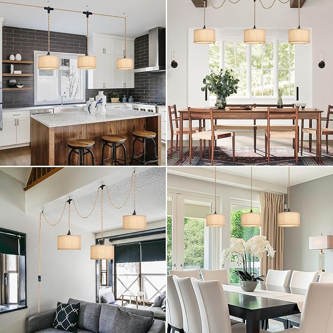 3 Light Plug in Pendant Lights Fabric Hanging Lamp Kit with Switch 22 Ft Long Hemp Rope Farmhouse Pndant Light Cord Lighting Fixture DIY Hanging Light