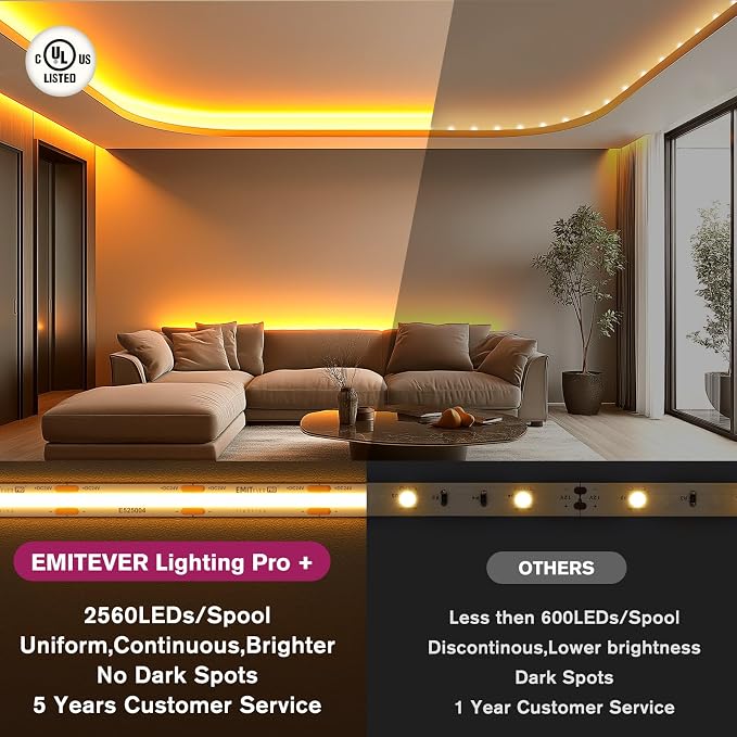 EMITEVER COB LED Strip Lights 2700K 24V, 16.4ft/5m, 2560LEDs, UL Listed | Warm White Tape Light Premium High Density,for Bedroom, Kitchen,Cabinets,360+Lumens/ft,Ra 90+ (Power Supply Sold Separately)