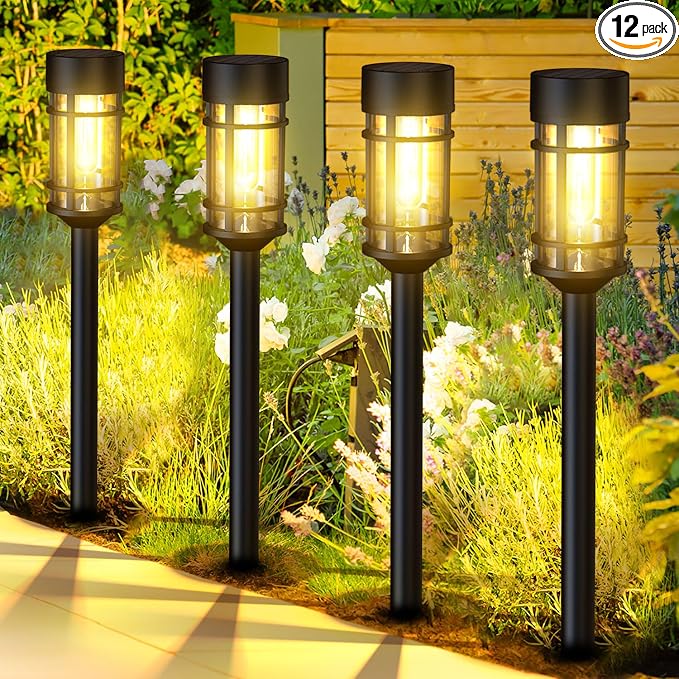 ILANCK 12 Pack Solar Lights Pathway Outdoor, Metal & Glass Large Solar Pathway Lights, Solar Powered Garden Lights for Yard, Landscape, Driveway Walkway