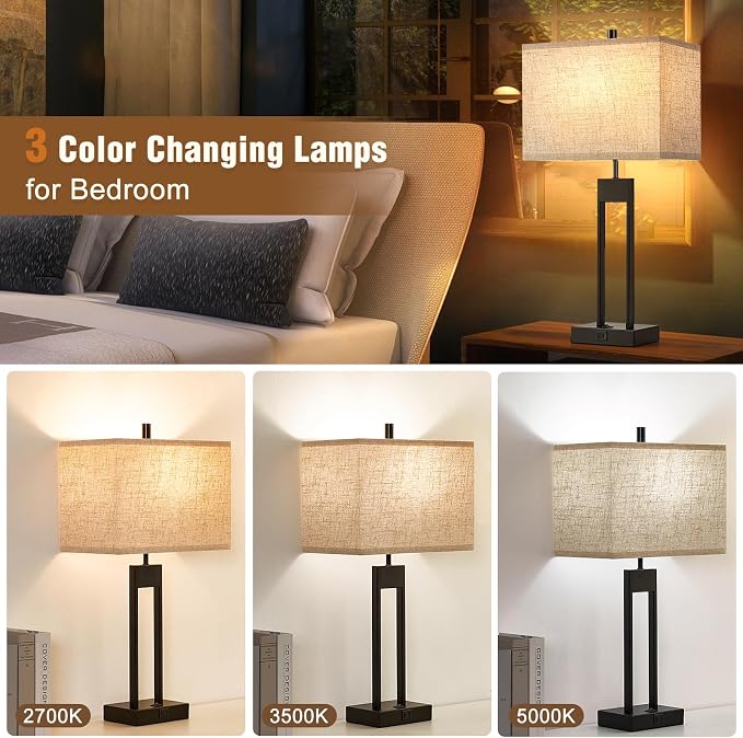 Extra Large 25.5" Nightstand Table Lamps for Bedrooms Set of 2, Bedside Lamp with USB C+A, Colors Changeable Living Room Lamps for End Tables, Modern Night Stand Lamps for Bed Side Office Reading