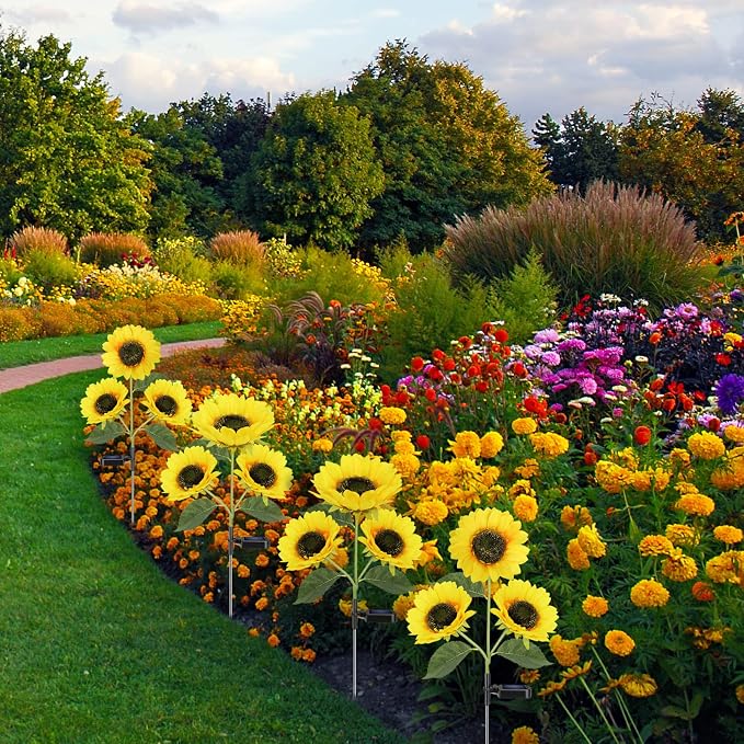 Solar Sunflower Lights Flowers Outdoor Waterproof for Yard Garden Cemetery | 800mA Real Looking Stake Flower Bed Pathway Patio Porch Fall Decors