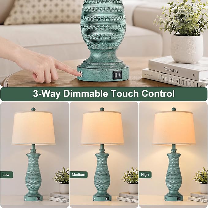 Living Room Lamps Set of 2, Table Lamps for Bedroom, Farmhouse Lamps for Nightstand with Oatmeal Linen Lampshade (Peacock Blue)