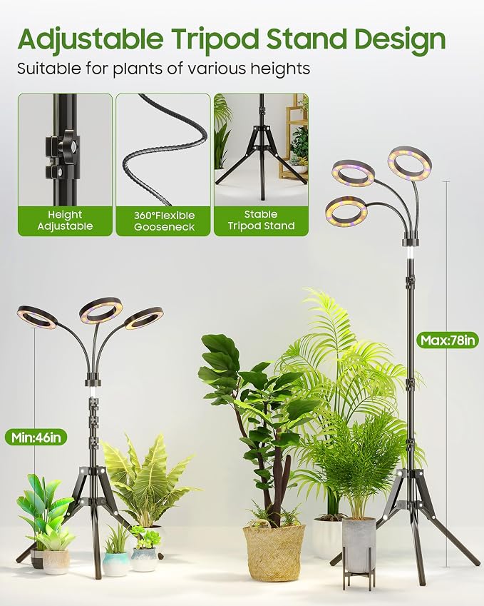 Grow Lights for Indoor Plants, Full Spectrum LED Plant Light with Tripod Stand, Plant Growing Lamps with Timer 3/9/12H, 3 Color Modes, 6 Brightness, 78'' Adjustable Height for Large Plants