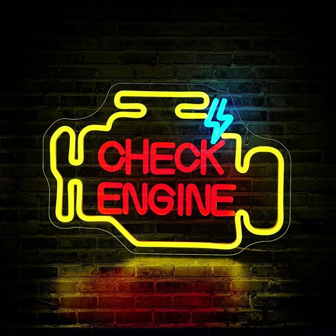 Check Engine Neon Sign, JGHTURIE Man Cave Neon Signs for Wall Decor Garage Car Room Yellow Light Up Sign Auto Repair Workshop Led Signs USB Powered
