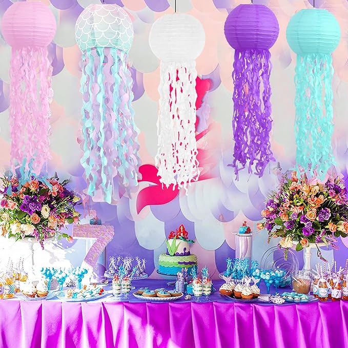 ADLKGG Hanging Jelly Fish Paper Lanterns, Pink Purple Blue White Paper Lanterns for Mermaid Theme Party Under The Sea Ocean Birthday Decorations, Set of 5