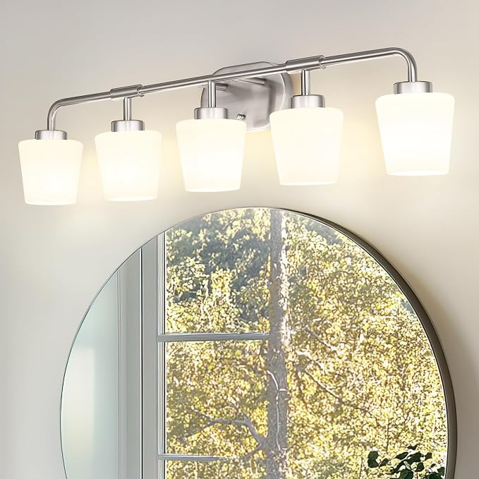 Bathroom Light Fixtures Over Mirror, 5-Light Brushed Nickel Vanity Lighting Fixtures with Milk White Glass, 38inch Farmhouse Wall Sconces Lighting, AD-22004-5W-SN