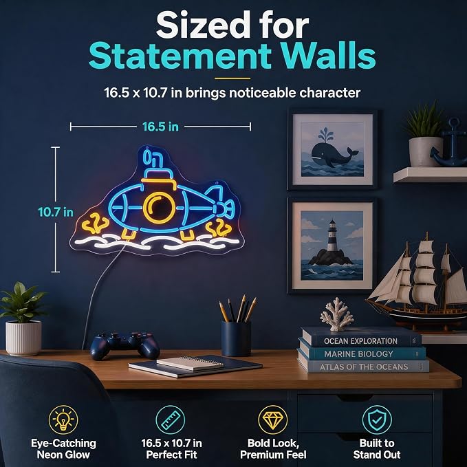 Submarine Neon Sign, RGB Color Changing, 16.5" x 10.7"IN | LED Underwater Sub Light, USB Powered, Wall Decor, Gamer Room Aesthetic, Boys Bedroom & Man Cave
