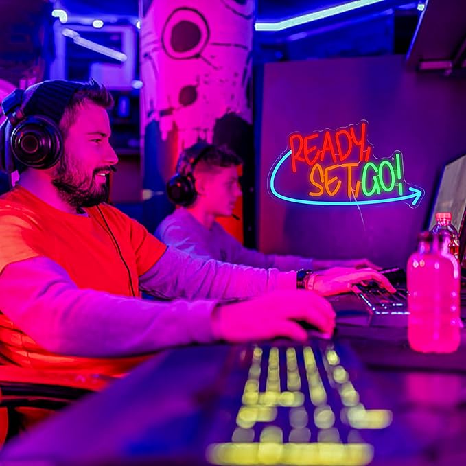 Ready Set Go Neon Sign for Game Room Colorful Game Neon Light Anime Gamer Led Light Sign Dimmable Gaming Light Up Sign for Boys Bedroom Man Cave Party (16.5 * 9.4 In)