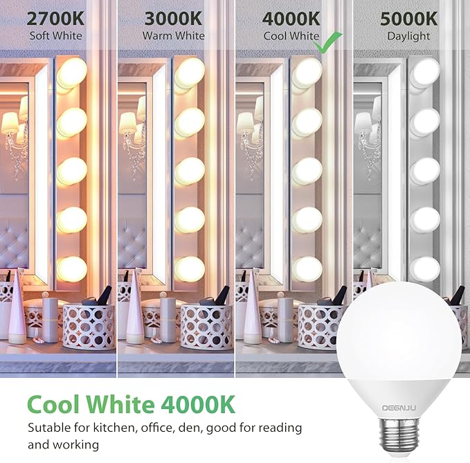 LED Vanity Light Bulbs, 60W Equivalent, Bathroom Light Bulbs 4000K Cool White, 800 Lumens, G25 Globe Bulb for Makeup Mirror, Round Shape, 7W, 120V, Non-Dimmable, 10 Pack