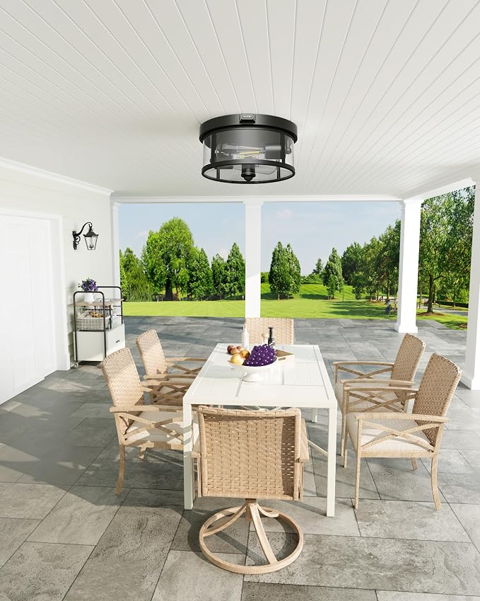 Outdoor Flush Mount Ceiling Light - 12.5in Motion Sensor Porch Light, 2-Light E26 Socket, Durable Iron & Clear Glass, Light Fixtures for Porch, Driveway, Covered Patio, Farmhouse