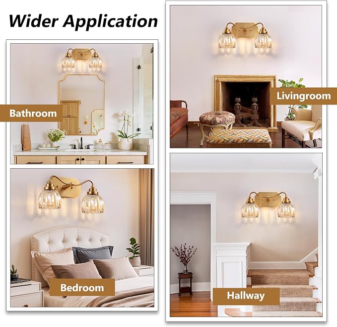 Vintage Gold 2-Light Vanity Lights, Tulip Crystal, Antique Brass Finish | Brushed Gold Bathroom Light Fixtures, Amber Wall Sconce Ideal for Bedroom, Living Room, E26 Compatible, Easy Install