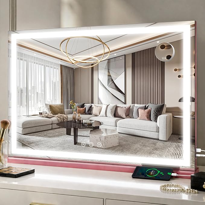 FENNIO Large Vanity Mirror with Lights，35.5" x 27" LED Makeup Mirror，Hollywood Mirror with 3 Color Modes & Adjustable Brightness，Vanity Mirror Square Pink