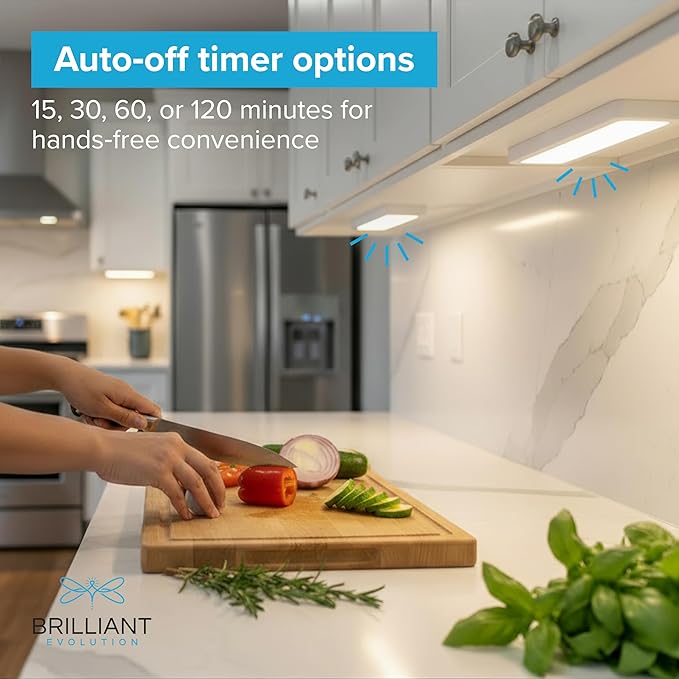 Brilliant Evolution Wireless LED Under Counter Lights with 2 Remote Controls - 6-Pack Battery Operated Under Cabinet Lighting Fixtures - Stick On Push Lights with Timer - Warm White, 8.5" x 2" x 0.6"