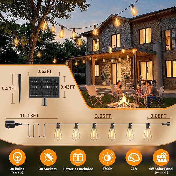 Hotsonic Solar Outdoor String Lights Waterproof, 100FT Remote Control LED Outside Lights with Shatterproof Bulbs, Dimmable Hanging Lights for Patio Porch Garden pergola Yard House Bistro Party Decors