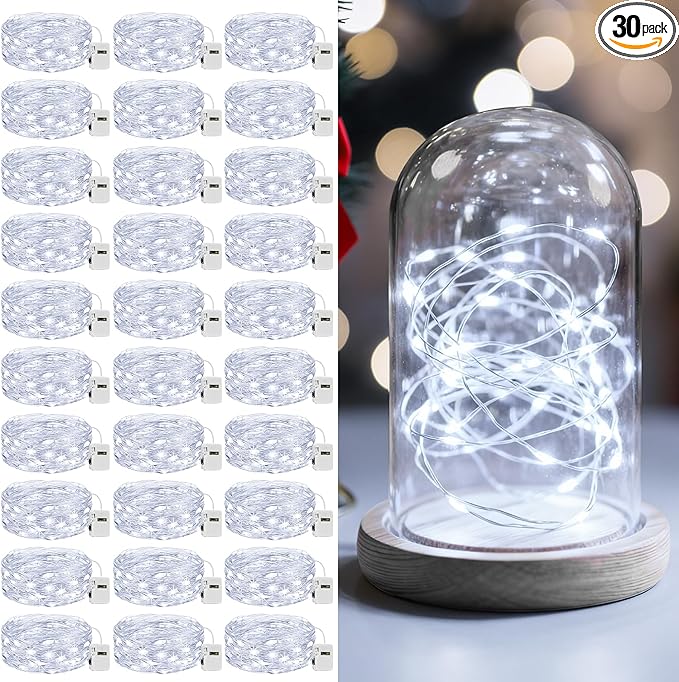 litogo 30 Pack 7FT 20 LED Fairy Lights Battery Operated, 3 Lighting Modes, Bulk Mini Twinkle String Lights Waterproof Silver Wire for Weddings Mason Jars Party Christmas Decorations-Cold White