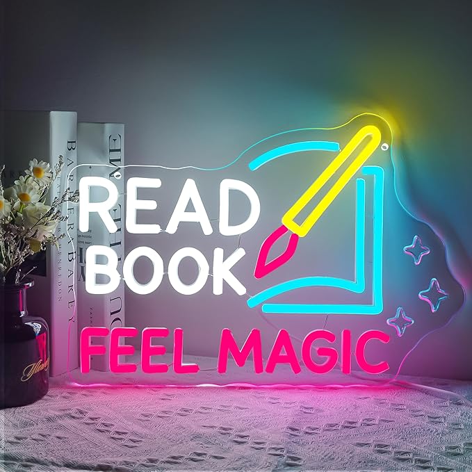 Read Book Feel Magic Neon Sign Led Pink Neon Signs for Wall Decor Colorful Neon Lights Dimmable Signs USB Light Up Sign Neon for Motivational Kids Gift Library Classroom Reading Room Bookstore Bookish Decoration