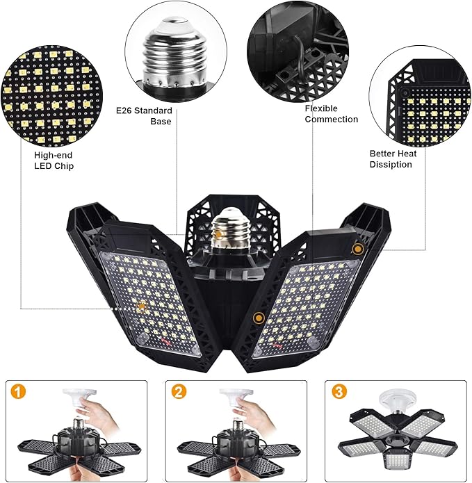 2 Pack LED Garage Lights, 120W Deformable LED Garage Ceiling Light with 5 Adjustable Panels, 12000LM E26 Shop Lamp for Basement, Barn, High Bay, Store (2 Pack)