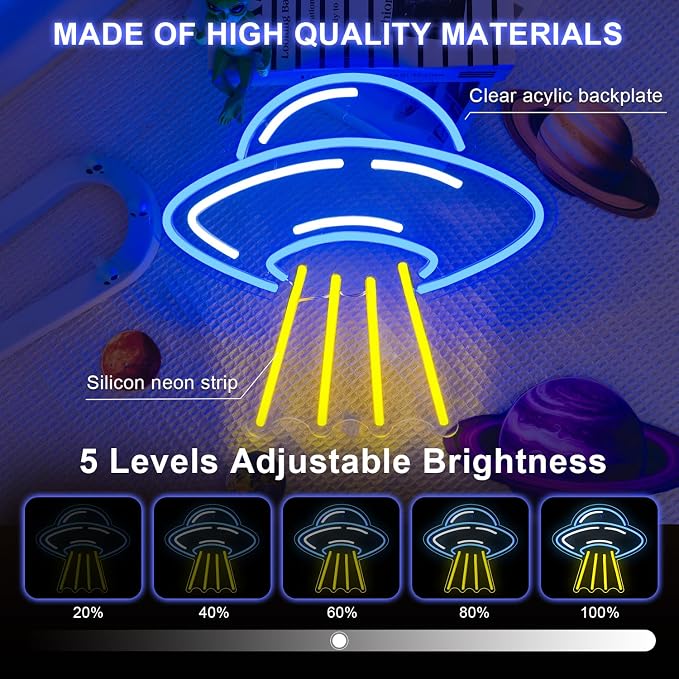 LUCUNSTAR UFO Neon Sign For Room Alien LED Neon Light Spaceship Dimmable Space Neon Signs for Wall Decor Blue UFO Neon Light Up Sign for Bedroom Game Room Wall Decor Ufo Lovers