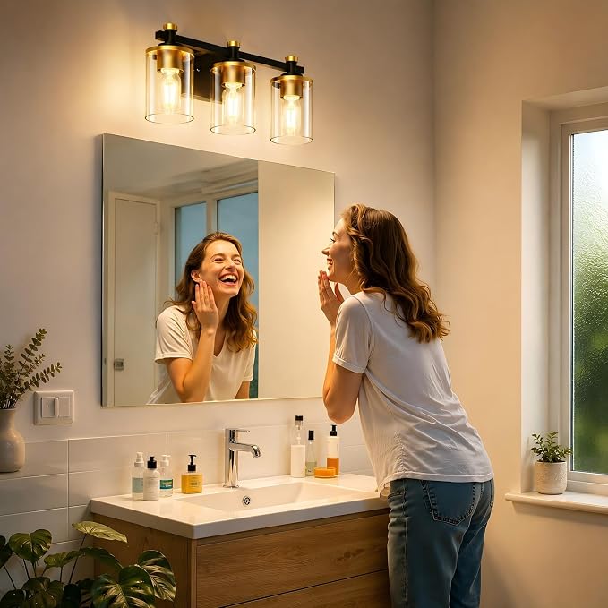 Bathroom Light Fixture, Bathroom Vanity Light Over Mirror, 3-Lights | Vanity Lights for Bathroom, Modern Lighting Fixtures with Clear Glass Shade, Black and Gold Vanity Lights, ETL Listed