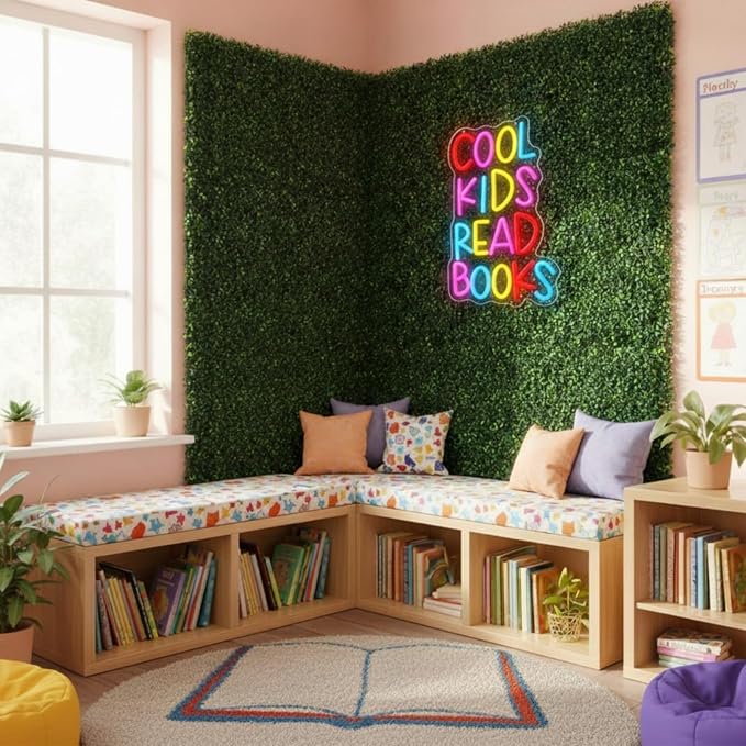 Thyle 10 Pcs Classroom Reading Corner Decorations Set Cool Kids Read Books | Neon Lights and 9 Pcs Artificial Grass Wall Panels Backdrop Decor for Back to School Library Teen Girls Bedroom