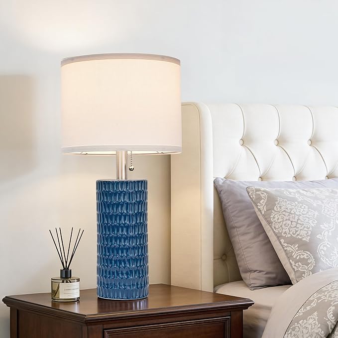 Table Lamps for Living Room Set of 2, Ceramic Table Lamps for Bedroom, 20" Modern Lamps for Night Stands, Blue