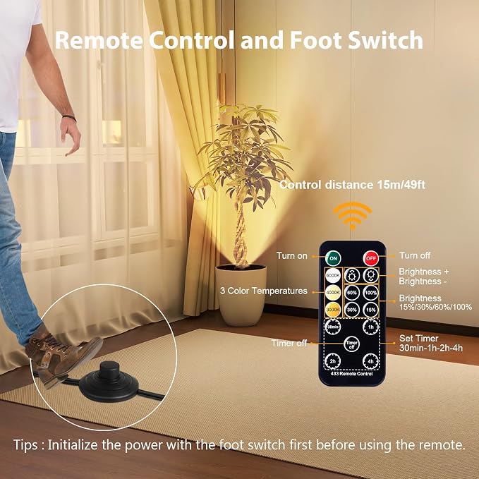 Brightown 2 Pack Uplights Indoor Floor Can Lights with Remote and Timer | 3 Color Temperatures and Dimmable Uplighting Spotlights, 6.1 FT Plug Cord & Foot Switch, Black