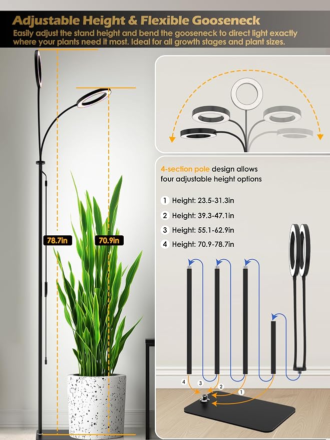 48W Grow Lights for Indoor Plants, Full Spectrum LED Plant Light with Stand | Dimmable, 3 Lighting Modes, 23"-79" Adjustable Height, Plant Growing Lamp with 3/9/12/16H Timer, Black Dual Heads Floor Lamp