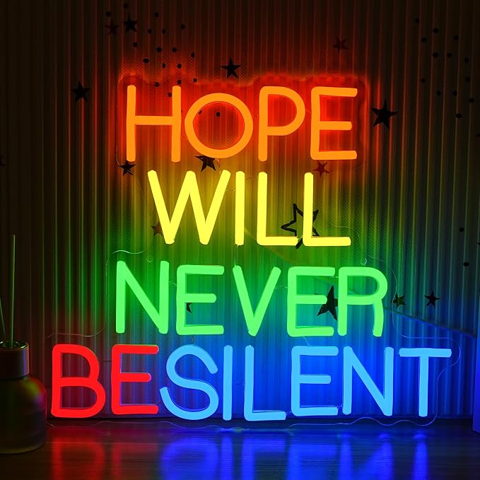 Hope Will Never Be Silent Neon Sign Usb Powered Colorful Rainbow Neon Light Dimmable Motivational Letter Light Up Sign for Bedroom Office Gym Classroom Party Church (14.96 * 12.6 in)