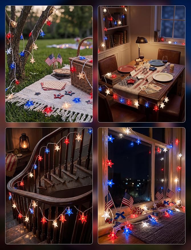 35 Red White and Blue Star Lights, 13.6Ft 4th of July String Lights | Plug in, Connectable, UL Certified, Five Star LED Bulbs, Home Decorations for Independence Day Patriotic Party, White Wire