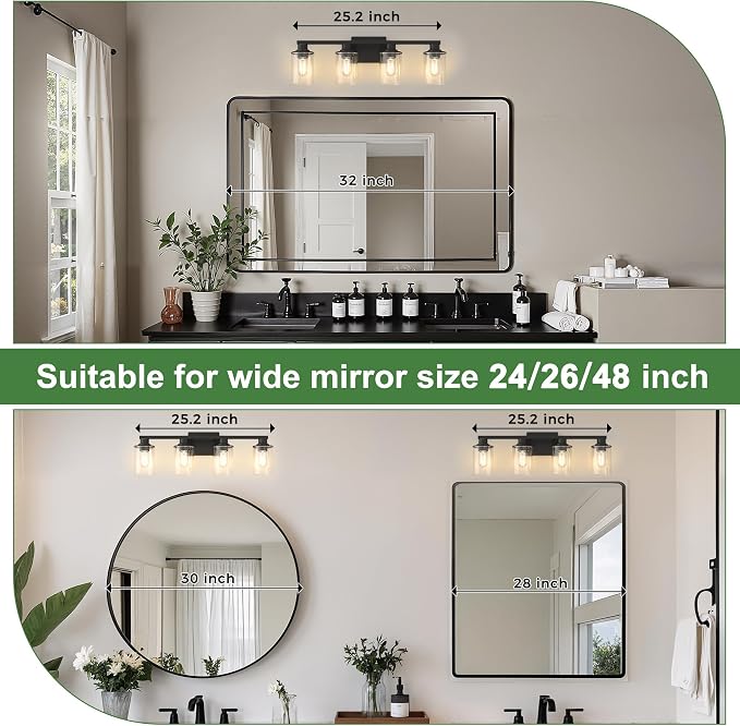 4-Light Black Bathroom Light Fixture Over Mirror ETL Listed | Modern Vanity Lights With Clear Glass Shade, Bathroom Wall Light, Wall Sconce for Hallway Bedroom Living Room, ETL Listed