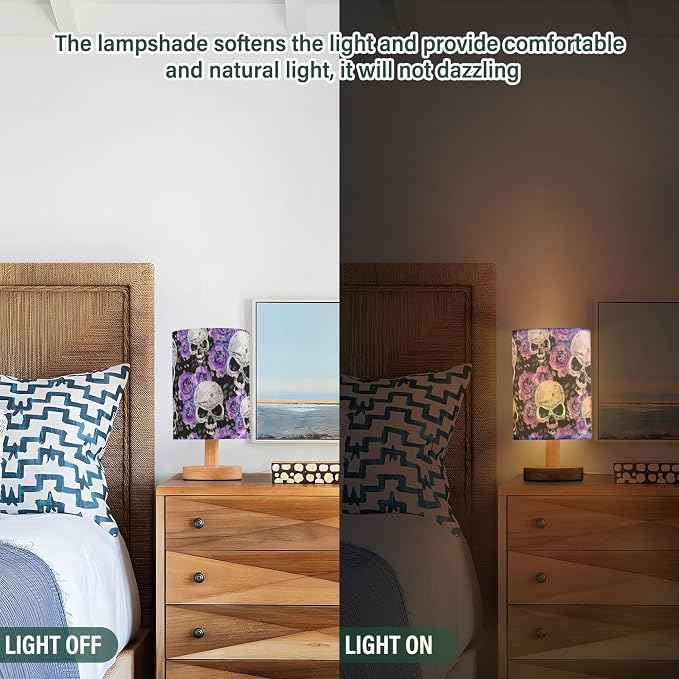 Gothic Pattern Table Lamp with Wood Base and Fabric Shade - Purple, Blue Rose Flower Design for Nightstand, Bedside, Desk, Living Room, Bedroom, Kids Room, Office