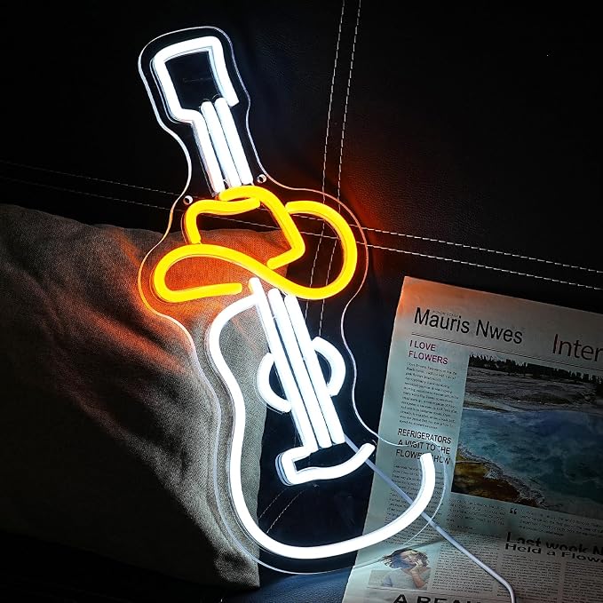 Guitar Neon Signs for Wall Decor Cowboy Hat Neon Lights Music LED Neon Signs White Neon Light Sign for Studio KTV Band Bar Art Man Cave Bedroom Shop Wall Decoration(16.9"*7.4")