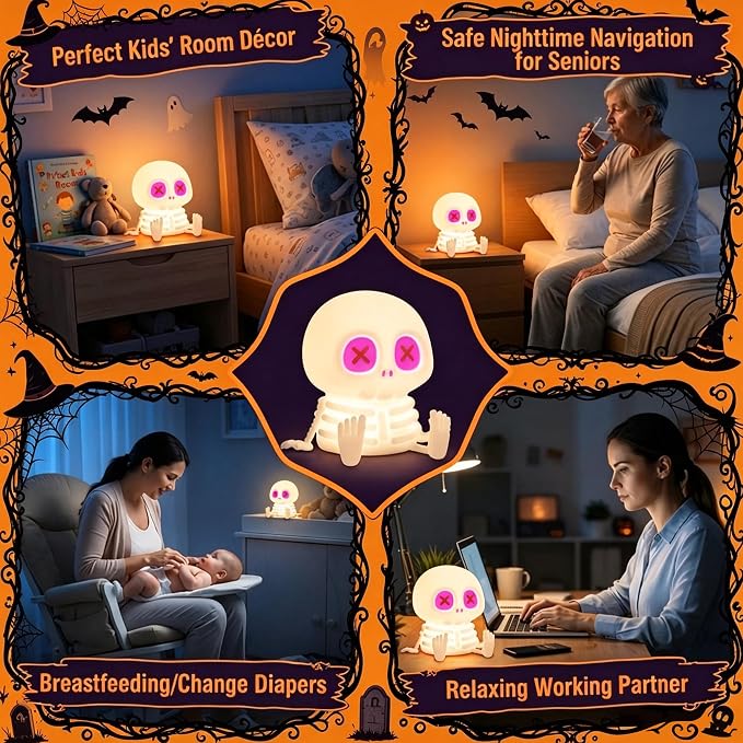YR YRHH-PET Skeleton Lamp, Skull Halloween Decor Gift, Kids Night Light Toy | 8 Colors, Safe Silicone, Cool Cute Dimmable Indoor Decor, Squishy Lamp For Office Nursery College, Women Summerween Home Gift