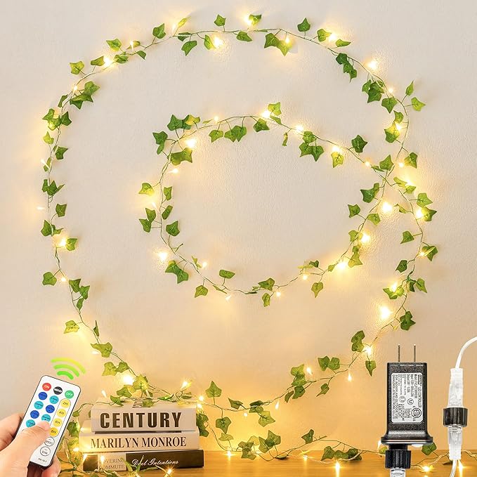 Vines with Fairy Lights,23ft Ivy Leaf Lights Plug in,73 LED Lighted Fake Garland with Remote Indoor Outdoor for Dorm,Bedroom,Wall,Celling,Curtain,Photo,Birthday,Wedding Decor(Warm White)