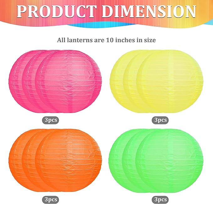 12 PCS Neon Party Decorations Tropical Party Decorations Colorful Paper Lanterns 10 in for Wedding Home Supplies (Neon)