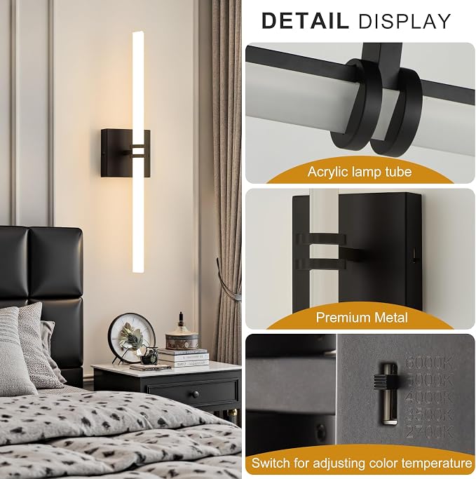 Black Bathroom Light Fixture LED Vanity Light 22" Wall Sconce | 5CCT Dimmable Wall Light, Modern 360° Lighting, 18W Hardwired Vanity Light for Bathroom, Flicker-Free