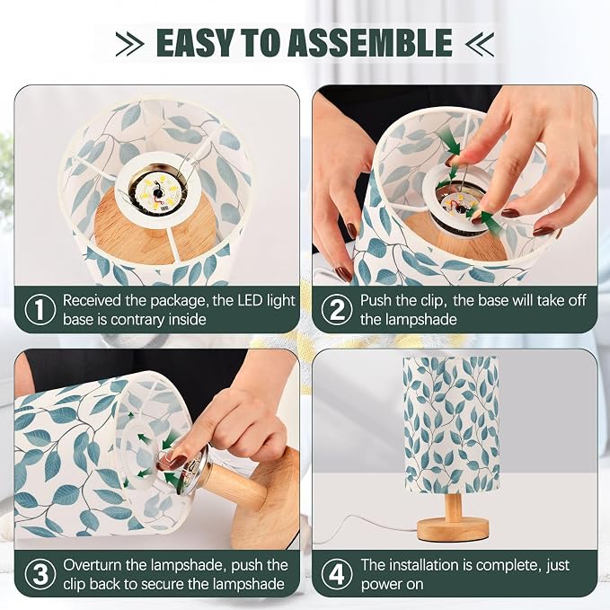 Fustylead Teal and Gray Leaves Botanical Bedside Table Lamps with USB Port for Bedroom Lamp Small Nightstand Lamp Sturdy Linen Shade Wooden Decorative Lamps for Living Room Home Dorm Kids