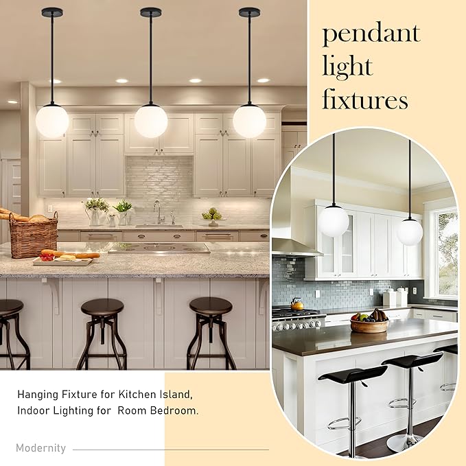 6" Globe Pendant Light Black 2 Pack Mid Century Pendant Light Globe Pendant Lights Kitchen Island Matte Black Finished with Milk Glass Adjustable Ceiling Light Fixtures for Dining Room Bar