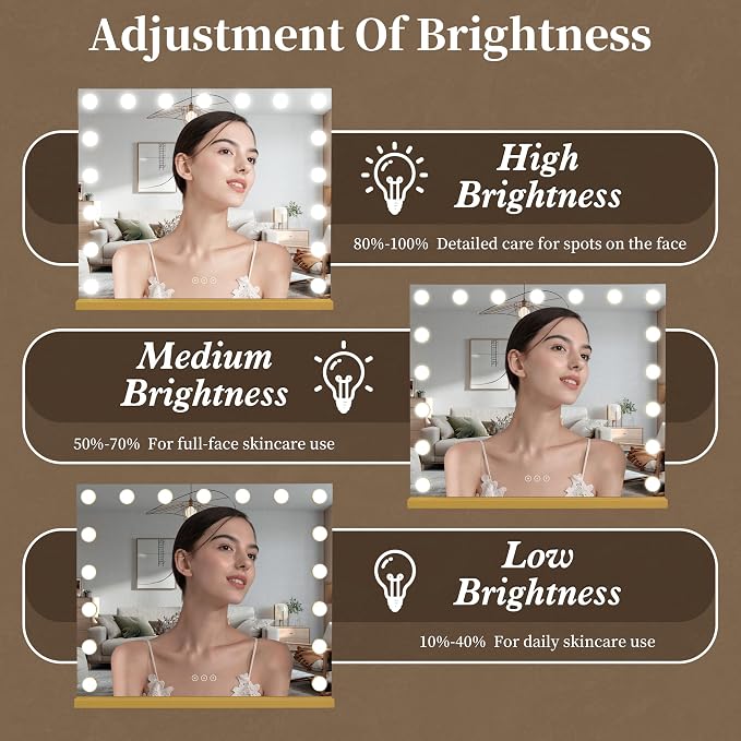 Vanity Mirror with Lights 23.6''x20.5'' Makeup Mirror with Lights Lighted Up Mirror with Dimmable Bulbs,3 Color Lighting Modes,USB Charging Port Touch Control Design Gifts for Women Gold