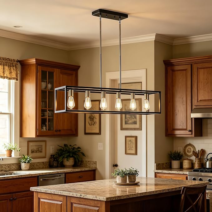 Rectangle Chandeliers Kitchen Light Fixtures Farmhouse Dining Room Light for Dining Rooms,Black&Brushed Brass Light Fixture Matte 6-Light Industrial Pendant Lighting