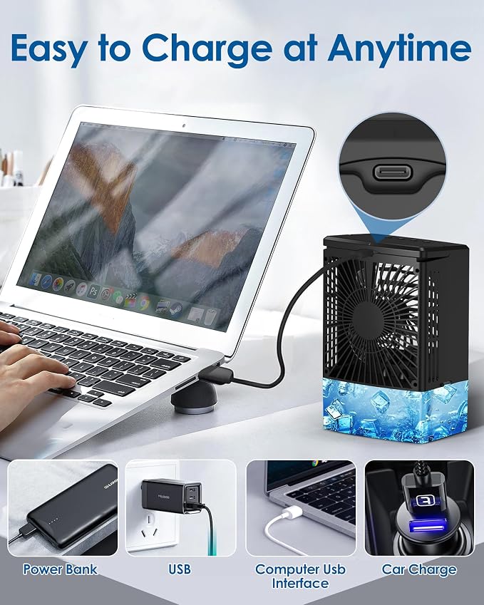 Mini Air Conditioner,Portable Air Conditioners,Evaporative Air Cooler Humidifier, 3 Speed Quiet Personal Cooling Fan, 7-Color LED Night Light, 4/8H Timer for Bedroom, Office, Camping, Room,Home