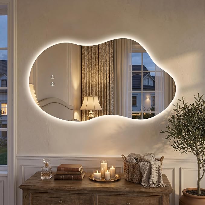 Irregular LED Mirror with Lights 40x24 Inch Backlit Asymmetrical Bathroom Mirrors for Wall Cloud Lighted Vanity Mirrors Shatterproof, Anti-Fog, Dimmable, 3 Colors (Horizontal/Vertical)