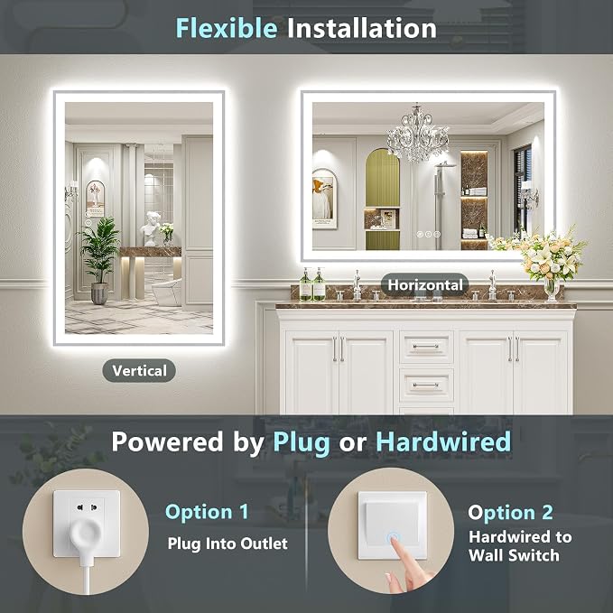 66x40 Inch Brushed Nickel LED Bathroom Mirror, Backlit & Front Lit | Silver Framed Anti-Fog Lighted Vanity Mirror with Lights, 3 Color Dimmable, Memory, HD Tempered Glass, CRI95, IP54, UL Listed