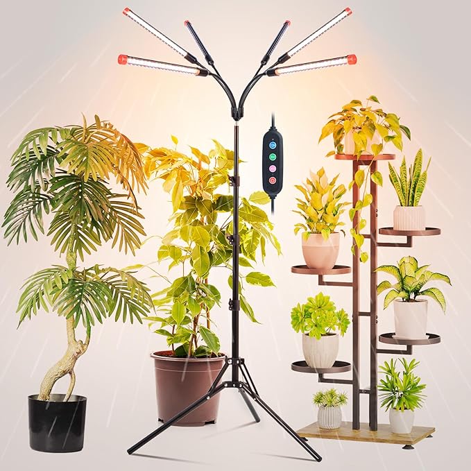 6Head Grow Light with Stand for Tall and Large Indoor Plants, Bonsai Tree, Big Coverage and Bright Plant Growing Lamps, 4/8/12/16/20H Timer, 54 Watt Power Draw, NO Need Adapter, 360° Gooseneck