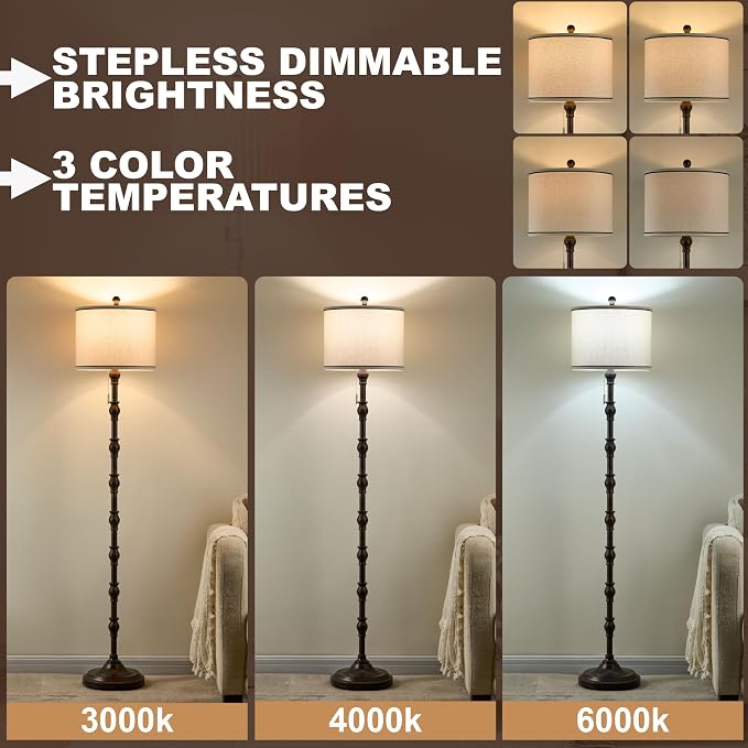 63.5'' Floor Lamps for Living Room, Farmhouse Floor Lamp for Bedroom with 3 Color Temperatures, Vintage Standing Lamp, Tall Lamp with Remote, Chain Switch, Bulb Included, Black