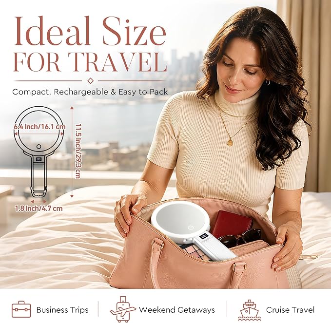MIYADIVA Upgraded Gen 2 Travel Makeup Mirror with Lights, Height Adjustable 30X/1X Magnifying Mirror, Portable Foldable Mirror with Digital Display & Phone Holder, Handheld Tabletop Hanging